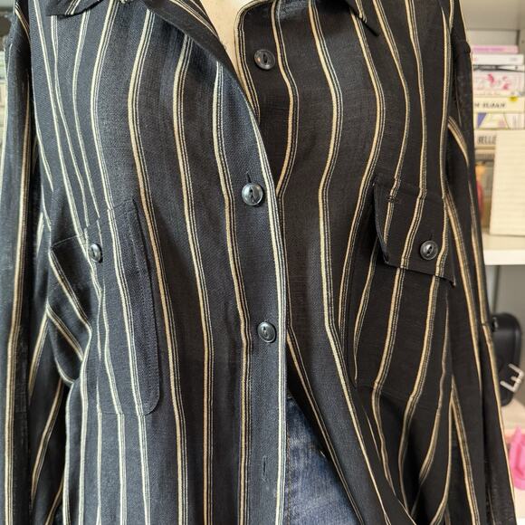 Vintage Ralph Lauren Striped Linen Oversized Beach Button Down Black Wms XXXL - Picture 2 of 10